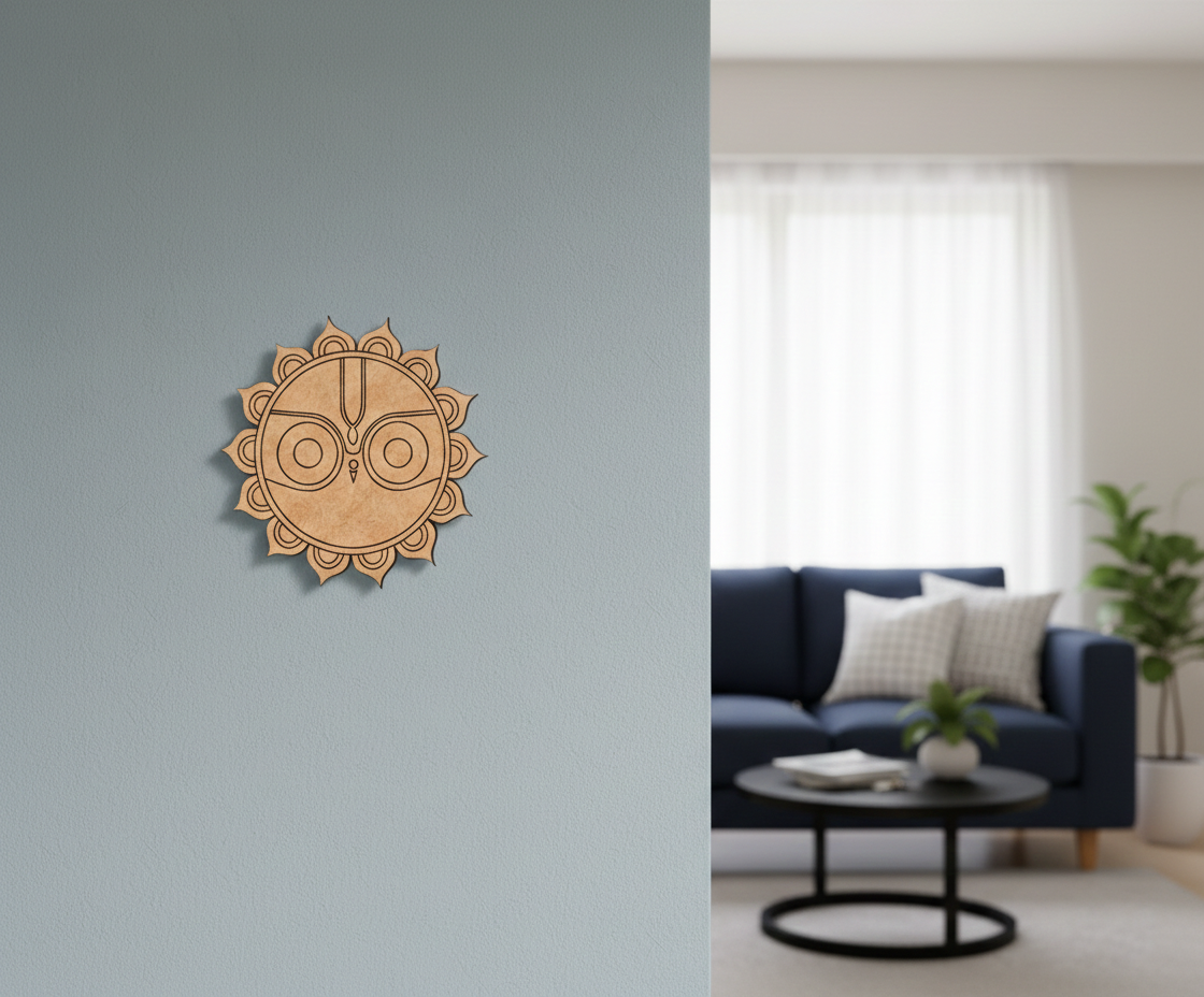 Decorative MDF DIY wall art on a gray wall with a living room in the background