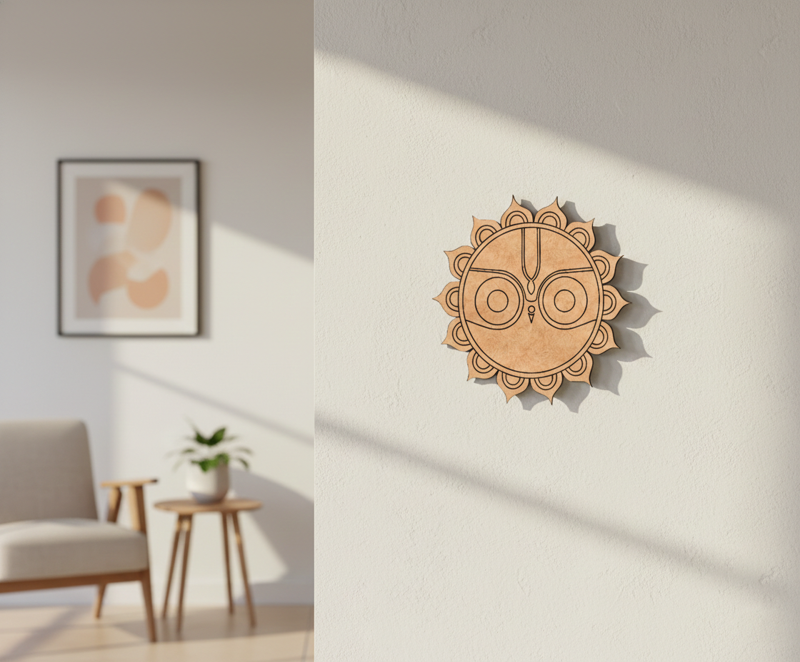  MDF DIY  wall art  with sun design on a white wall, next to a chair and table.