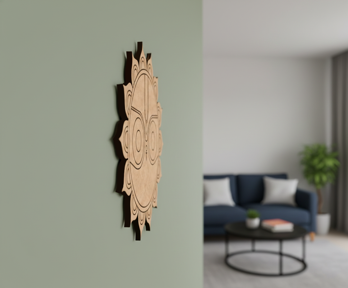 Decorative  MDF DIY wall art on a light green wall with a blurred living room in the background