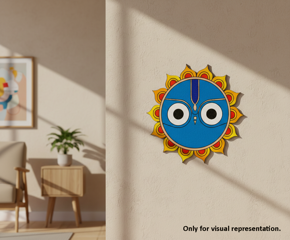 Decorative  MDF DIY wall art with a blue center and yellow rays on a beige wall.