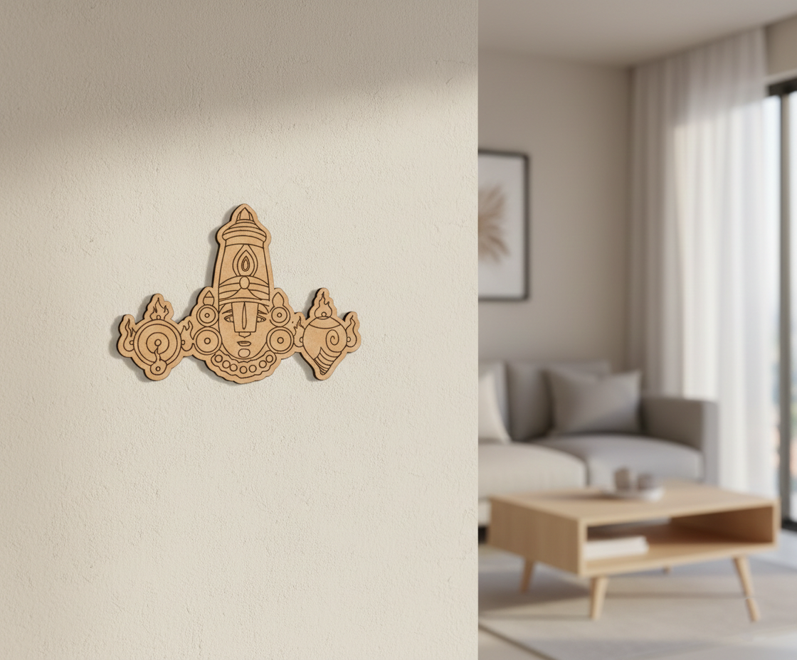 Decorative  MDF DIY wall art on a plain wall with a living room in the background