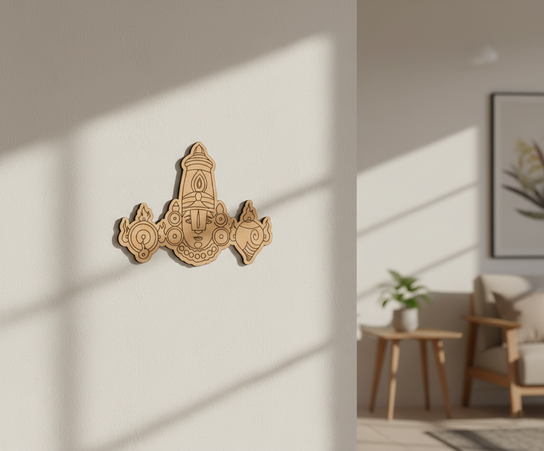 Decorative  MDF DIY wall piece on a white wall with a blurred living room in the background