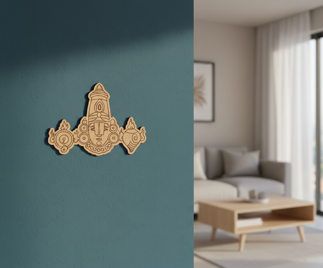 Decorative  MDF DIY wall art on a teal wall next to a living room with a sofa and coffee table.