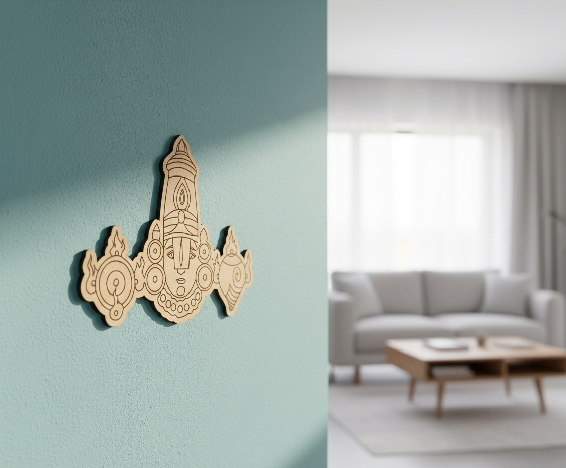 Decorative  MDF DIY wall art on a light blue wall with a living room in the background
