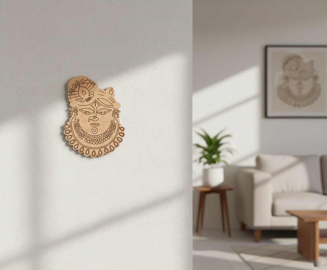 Decorative  MDF DIY wall art on a plain wall with a living room in the background