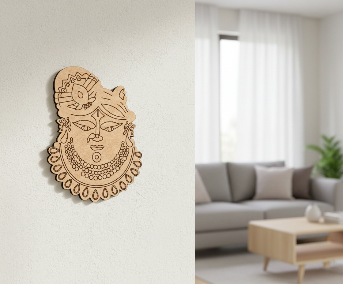 Decorative  MDF DIY wall art of a face with intricate patterns in a living room setting.
