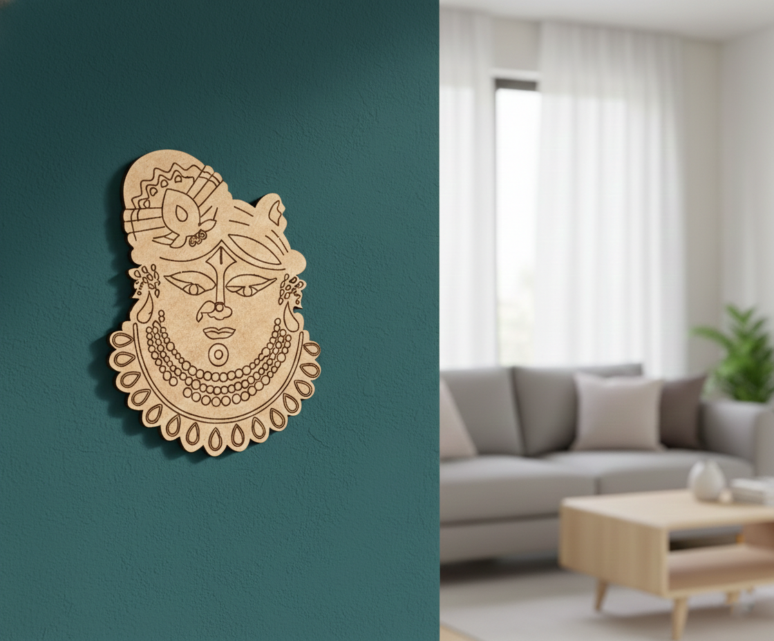 Decorative  MDF DIY  wall art of a face with intricate designs on a teal wall, with a living room in the background.