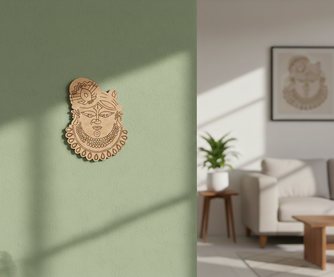 Decorative  MDF DIY wall art of a face on a green wall with a living room in the background.