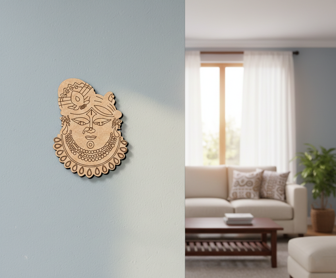 Decorative  MDF DIY wall art on a light blue wall with a living room in the background