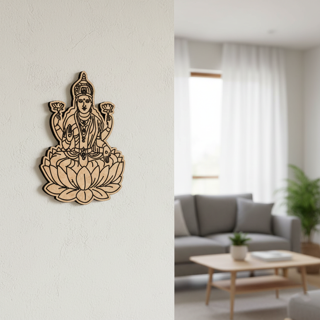 Decorative  MDF DIY wall art of a seated figure on a lotus flower in a living room setting.