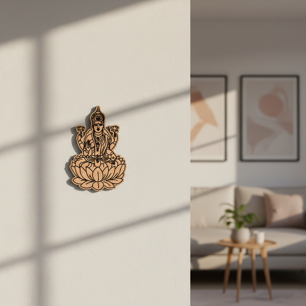 Decorative  MDF DIY wall art of a seated figure on a lotus flower in a living room setting.