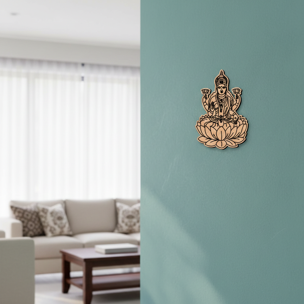 Decorative  MDF DIY wall art of a seated figure on a lotus flower in a living room setting.