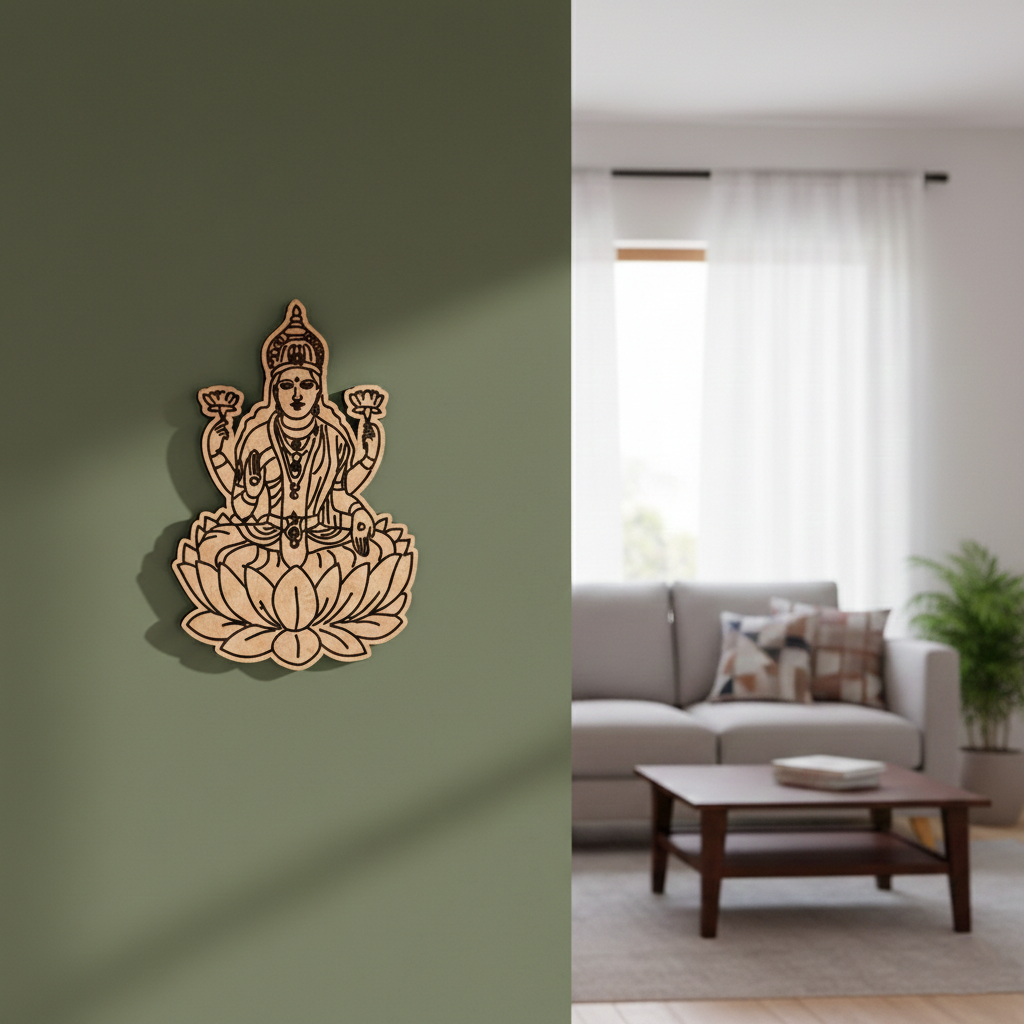 Decorative  MDF DIY wall art of a seated figure on a lotus flower against a green wall, with a living room scene in the background.