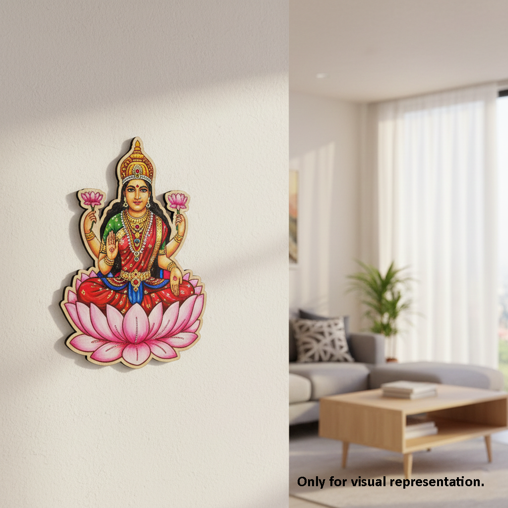 Decorative  MDF DIY wall art of a god figure on a pink lotus in a living room setting.