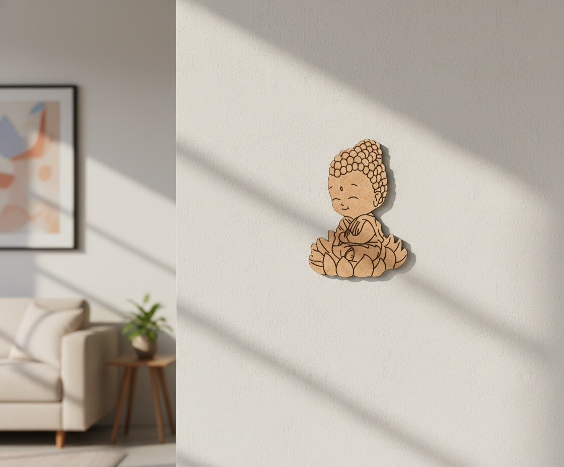 MDF DIY Buddha figurine on a white wall with a modern interior setting
