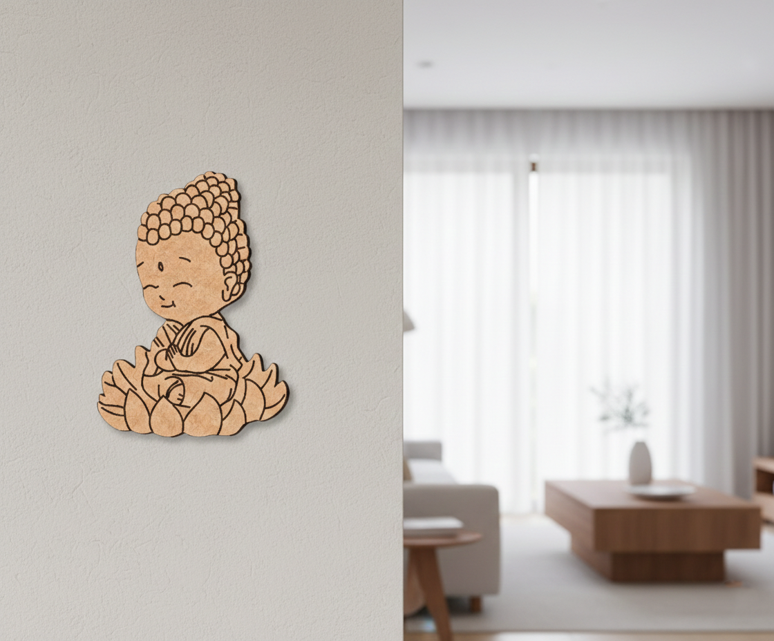 MDF DIY Buddha wall decoration on a light gray wall with a modern living room in the background.