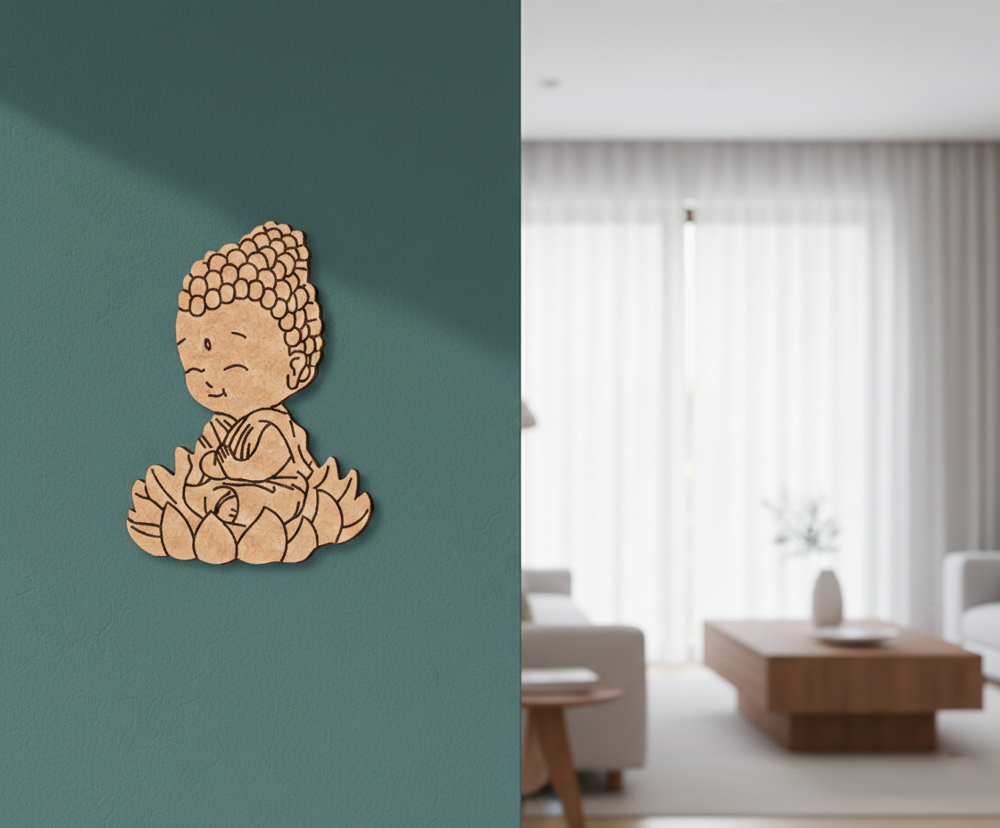 MDF DIY Buddha wall decor on a teal wall with a living room in the background