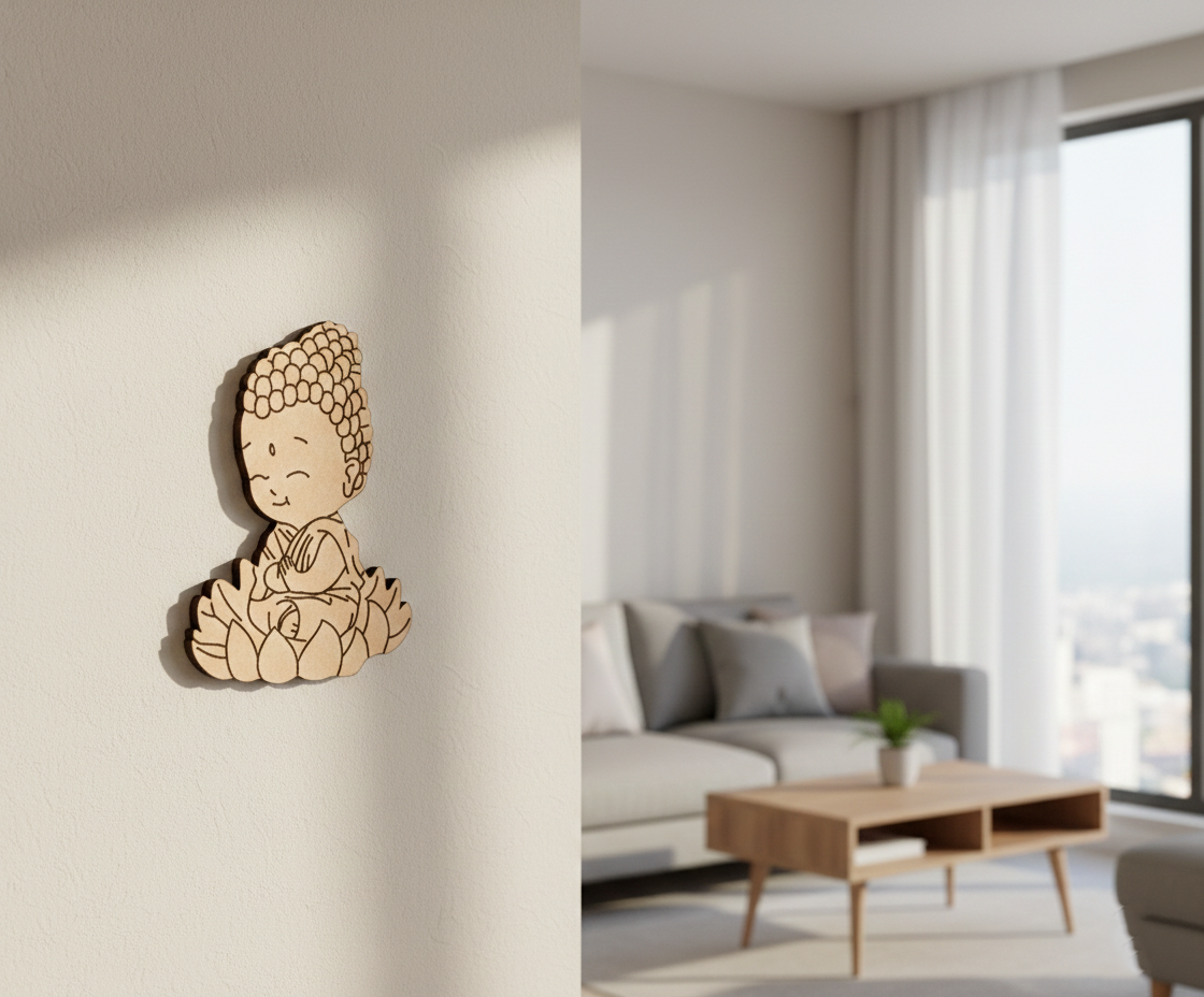 MDF DIY Buddha wall decoration in a modern living room.