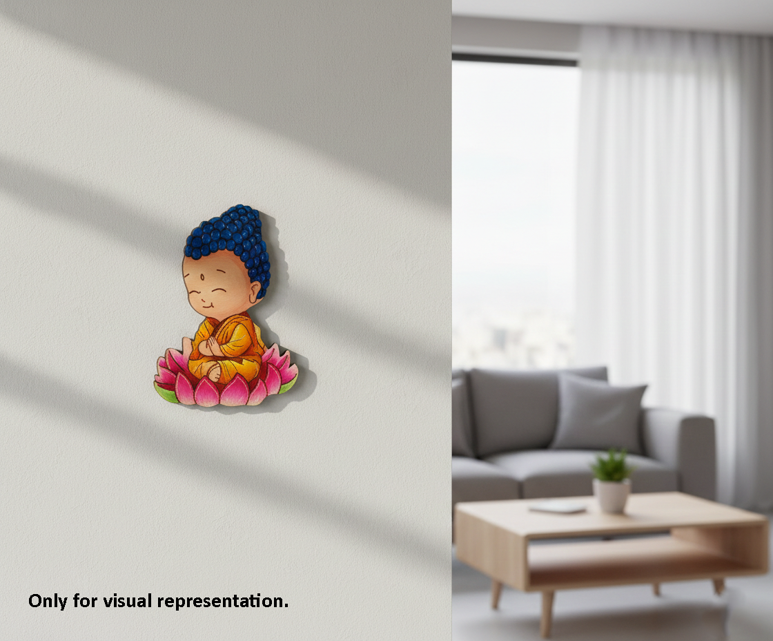 MDF DIY Wall decor of a cartoon-like Buddha figure on a pink lotus flower against a white wall.