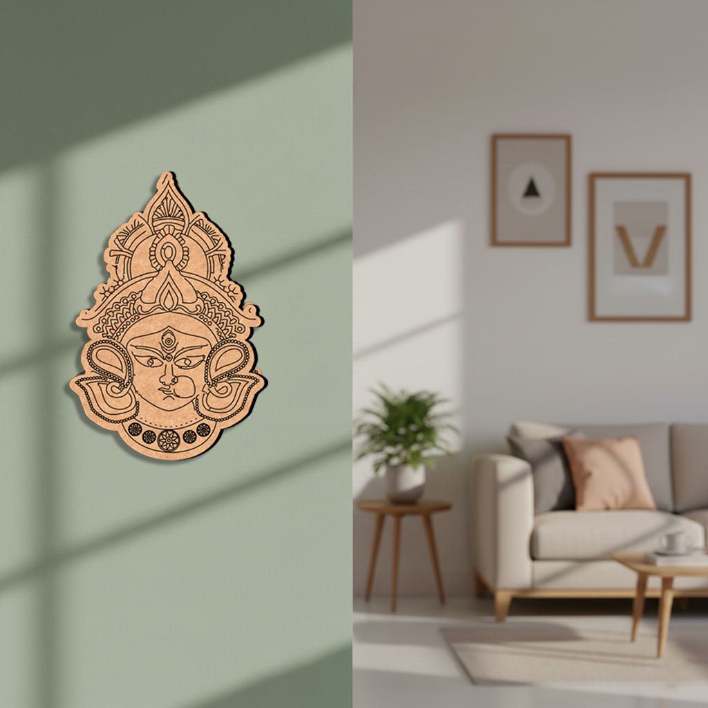 Decorative MDF DIY wall art of a face design on a light green wall next to a living room with a couch and framed pictures.