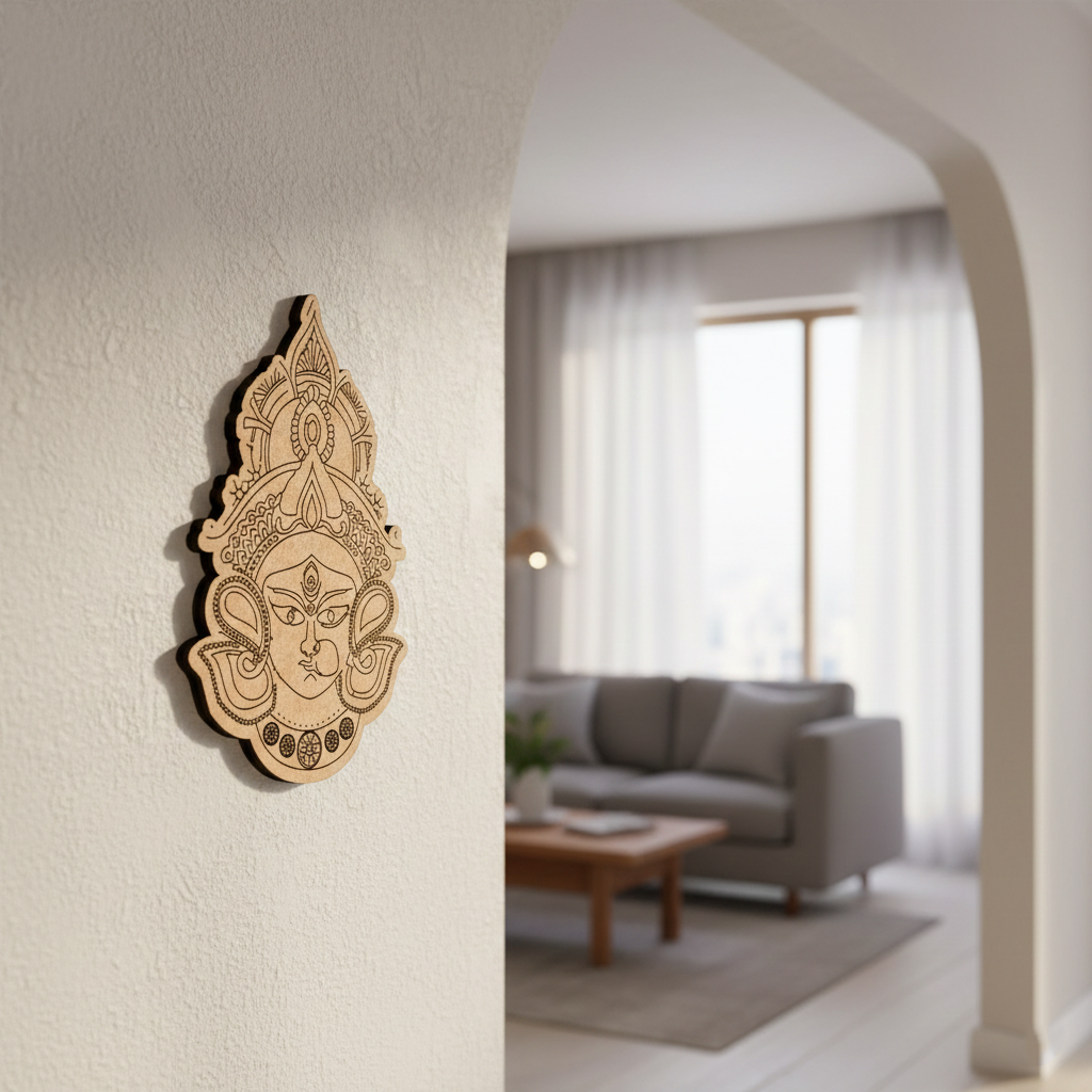 Decorative MDF DIY wall art of a face on a plain wall with a blurred living room in the background.