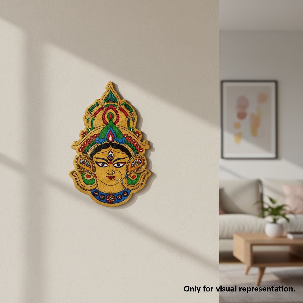 Decorative MDF DIY wall art of a colorful face design on a plain wall.