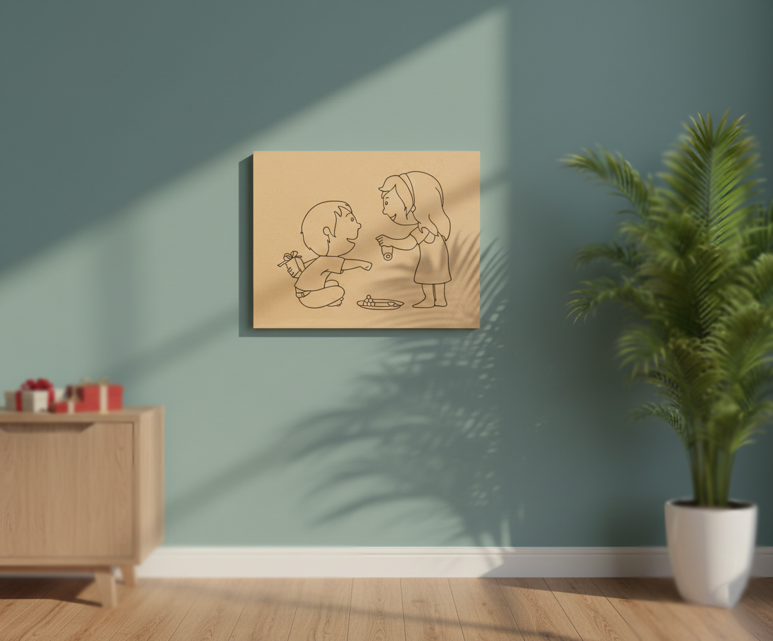 MDF Festival Canvas DIY Raksha Bandhan Painting Board showing brother sister illustration for kids craft and festive art project, mounted on wall