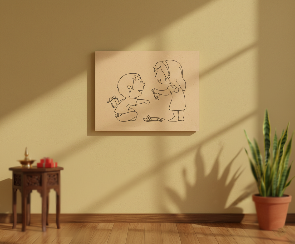 MDF Festival Canvas DIY Raksha Bandhan Painting Board showing brother sister illustration for kids craft and festive art project, mounted on wall