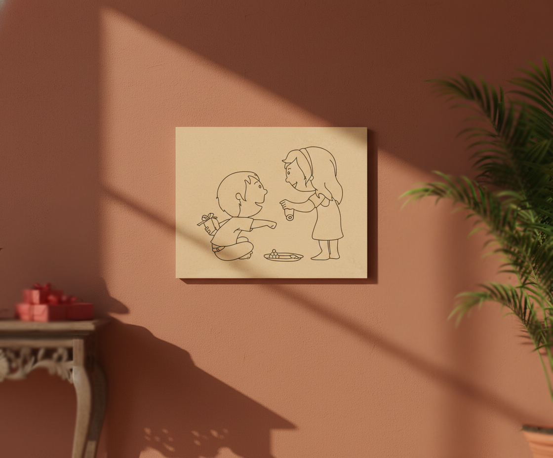 MDF Festival Canvas DIY Raksha Bandhan Painting Board showing brother sister illustration for kids craft and festive art project, mounted on wall