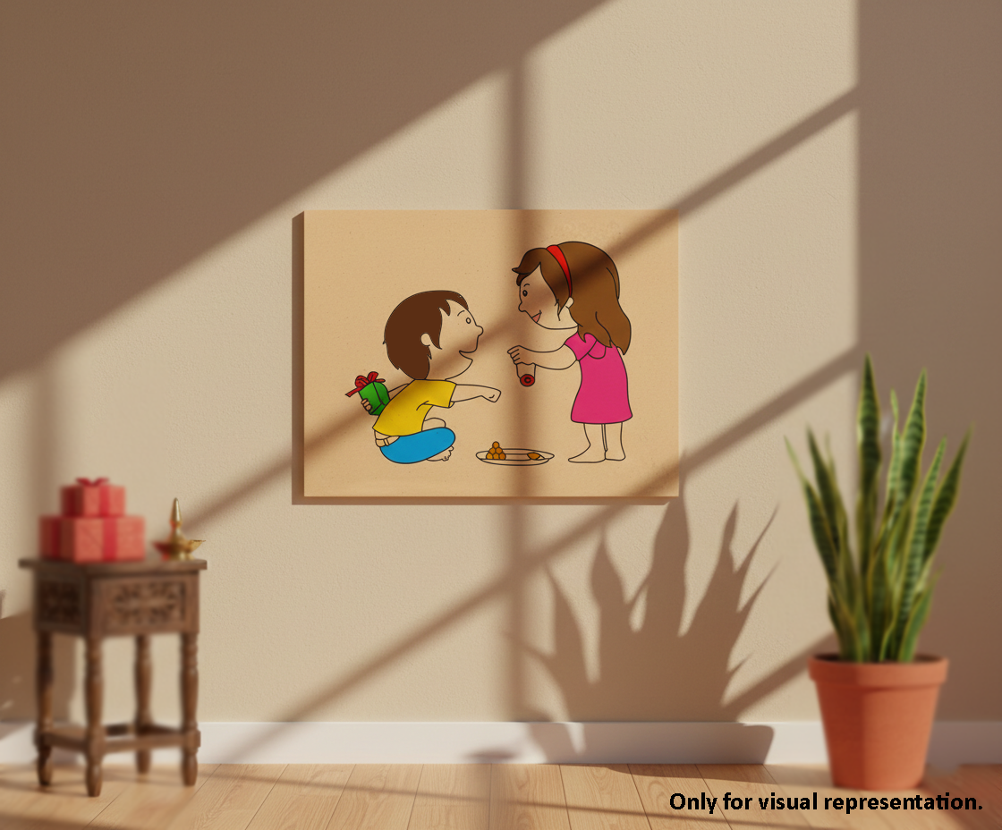 Painted MDF Festival Canvas DIY Raksha Bandhan Painting Board showing brother sister illustration for kids craft and festive art project, mounted on wall