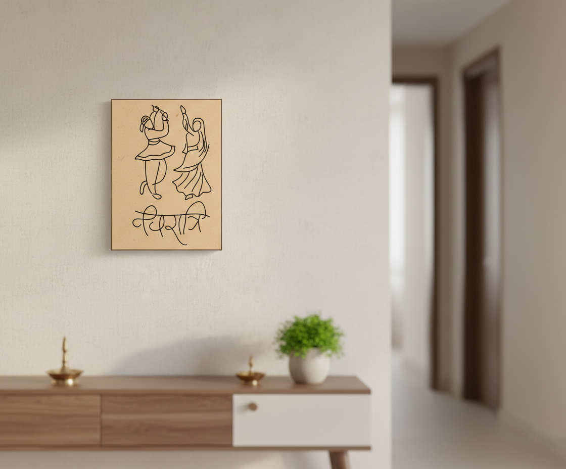 MDF Festival Canvas DIY Garba Wall Art Painting Board with traditional dancing couple design for festive craft and home decor, mounted on wall