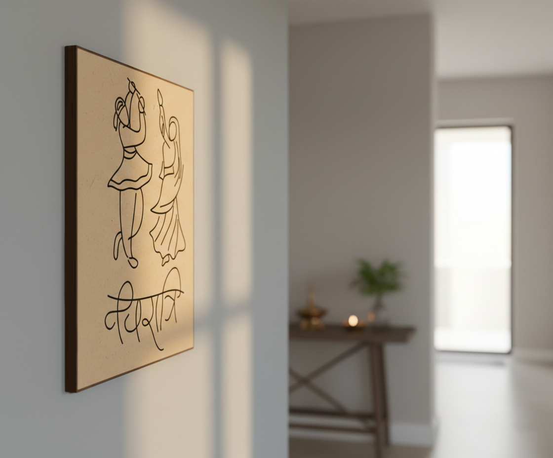MDF Festival Canvas DIY Garba Wall Art Painting Board with traditional dancing couple design for festive craft and home decor, mounted on wall show by side angle