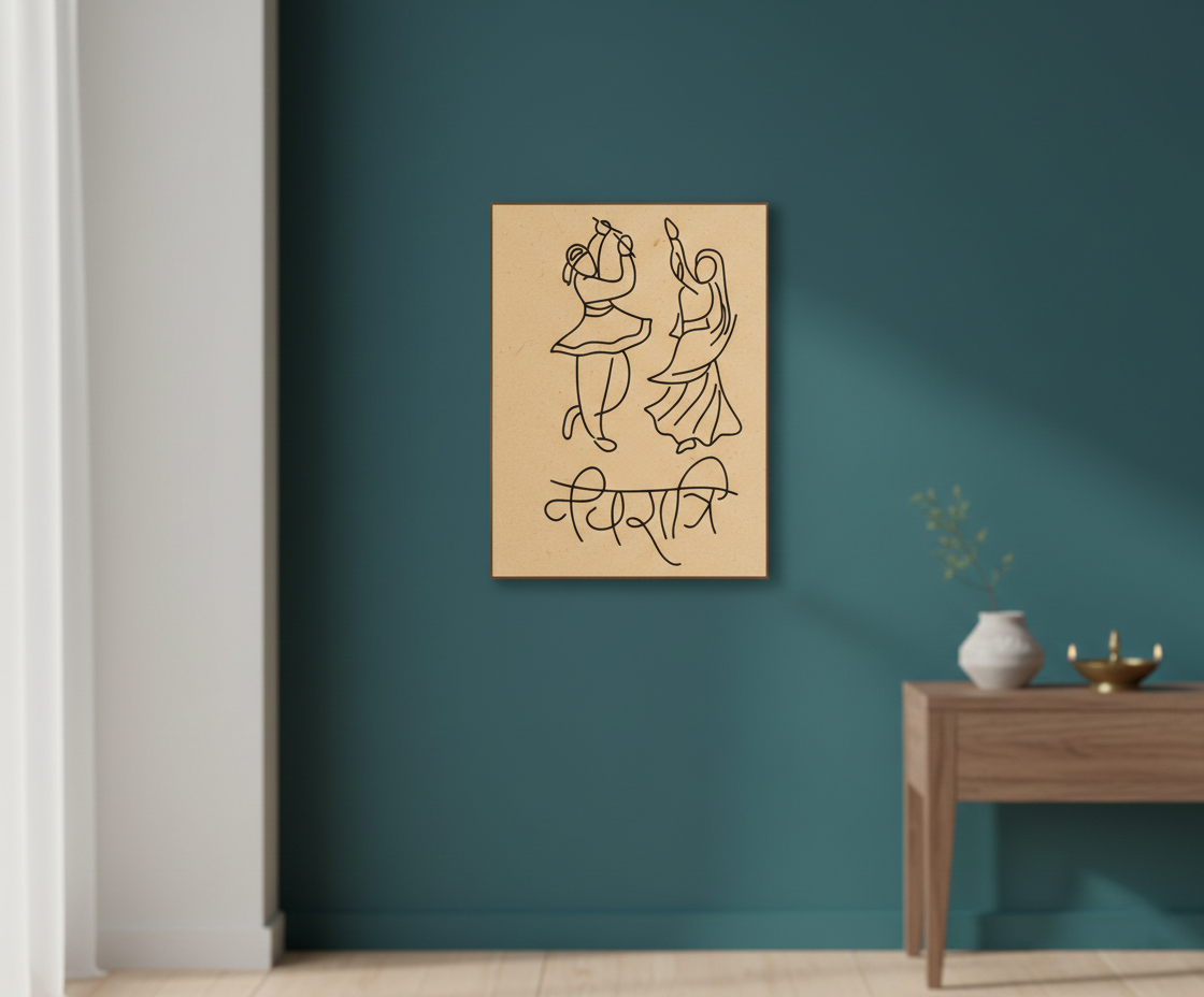 MDF Festival Canvas DIY Garba Wall Art Painting Board with traditional dancing couple design for festive craft and home decor, mounted on wall