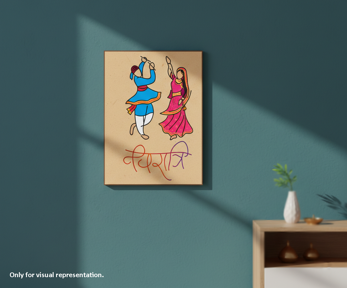 Painted-MDF Festival Canvas DIY Garba Wall Art Painting Board with traditional dancing couple design for festive craft and home decor, mounted on wall