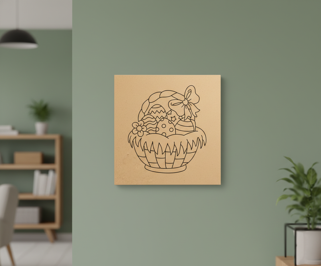 MDF Festival Canvas DIY Easter Basket Painting Board with decorative eggs and bow design for kids craft and festive art project, mounted on wall