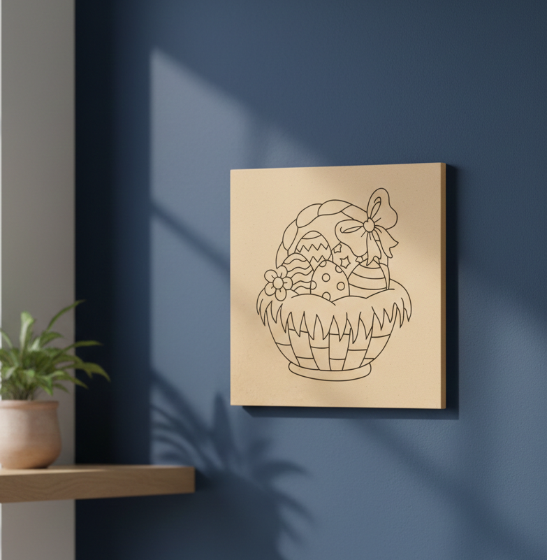 MDF Festival Canvas DIY Easter Basket Painting Board with decorative eggs and bow design for kids craft and festive art project, mounted on wall