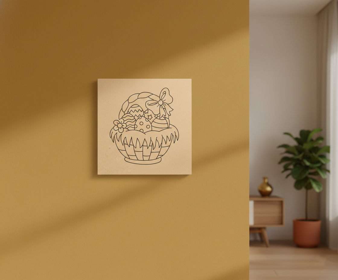 MDF Festival Canvas DIY Easter Basket Painting Board with decorative eggs and bow design for kids craft and festive art project, mounted on wall
