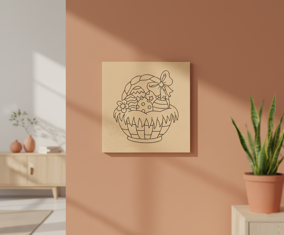 MDF Festival Canvas DIY Easter Basket Painting Board with decorative eggs and bow design for kids craft and festive art project, mounted on wall