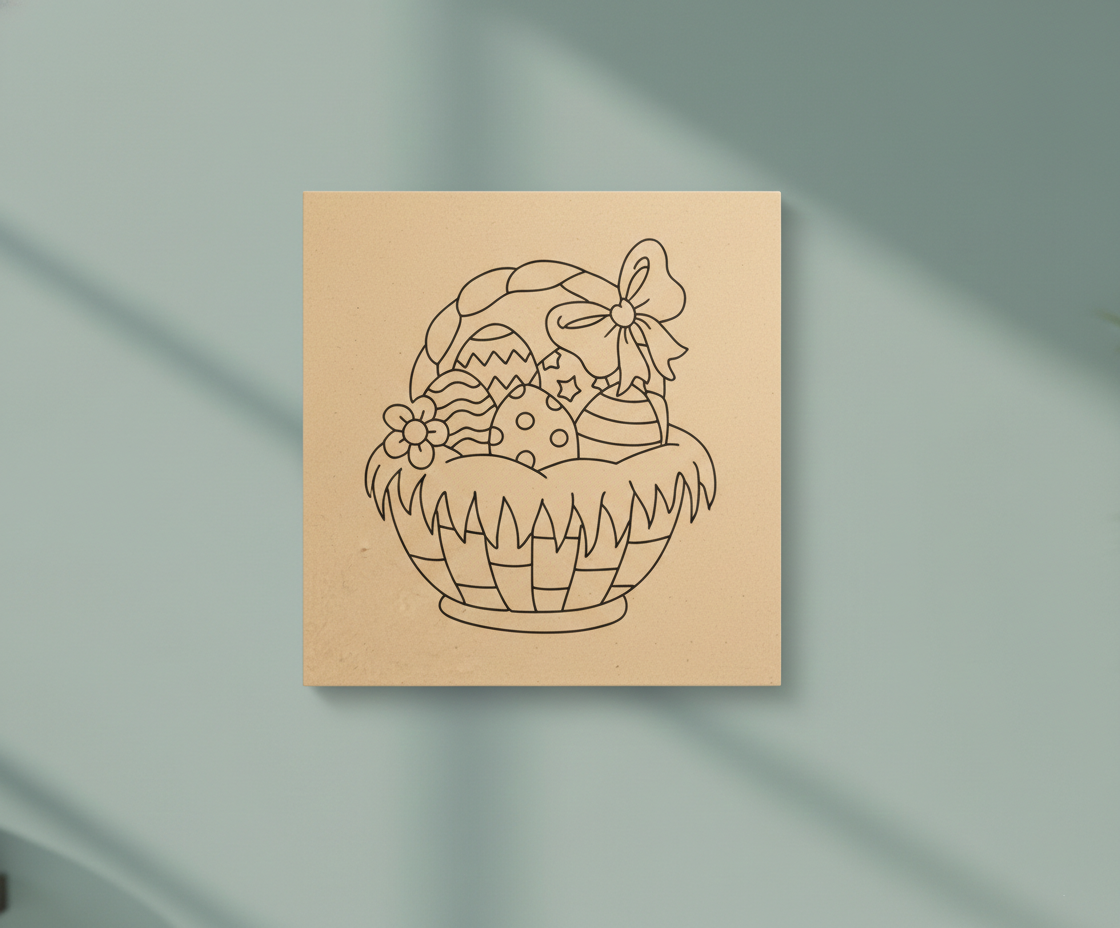 MDF Festival Canvas DIY Easter Basket Painting Board with decorative eggs and bow design for kids craft and festive art project, mounted on wall