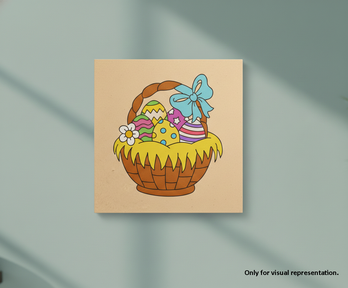 Painted MDF Festival Canvas DIY Easter Basket Painting Board with decorative eggs and bow design for kids craft and festive art project, mounted on wall