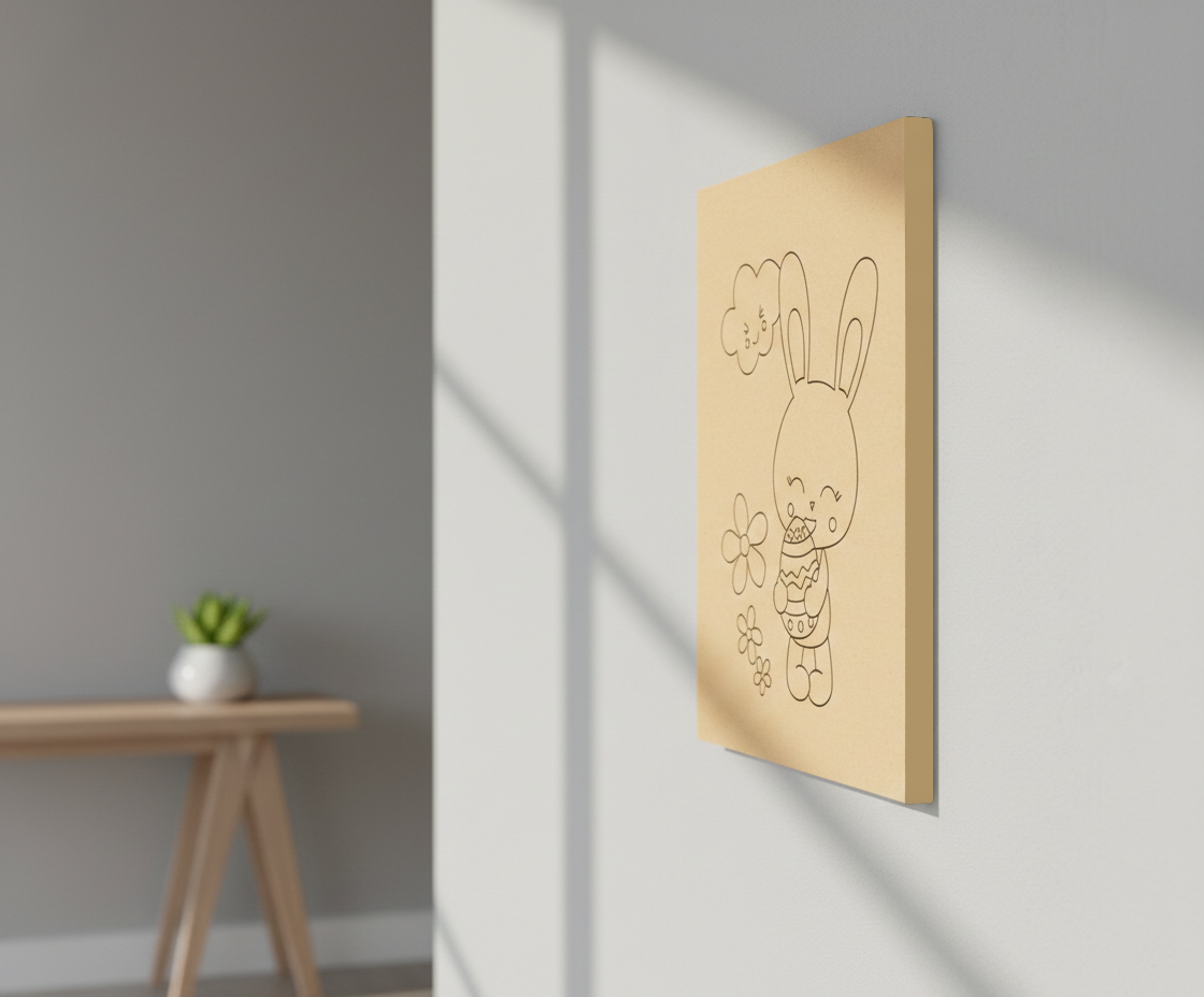 MDF DIY Bunny Painting Board for Kids Festival Canvas, mounted on wall show by side angle 