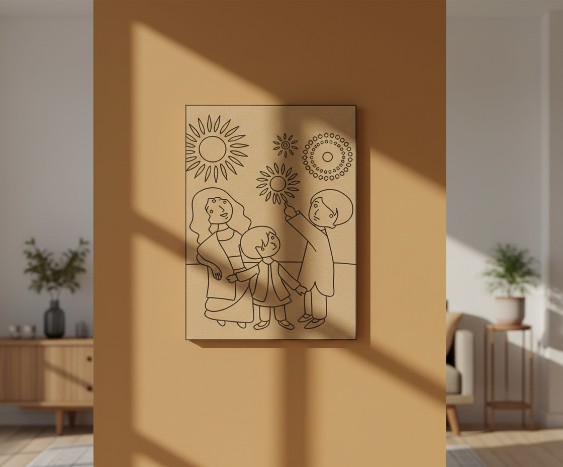 MDF Festival Canvas DIY Diwali Family Painting Board showing parents and child with fireworks design, mounted on wall