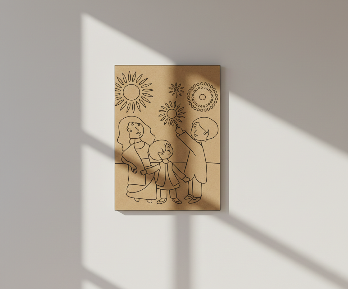 MDF Festival Canvas DIY Diwali Family Painting Board showing parents and child with fireworks design, mounted on wall