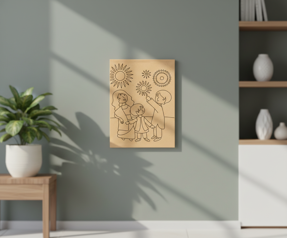 MDF Festival Canvas DIY Diwali Family Painting Board showing parents and child with fireworks design, mounted on wall
