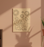 MDF Festival Canvas DIY Diwali Family Painting Board showing parents and child with fireworks design, mounted on wall