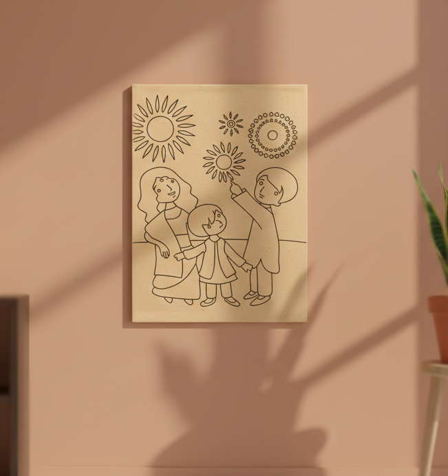 MDF Festival Canvas DIY Diwali Family Painting Board showing parents and child with fireworks design, mounted on wall