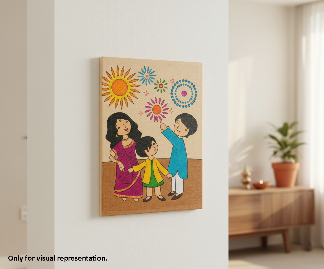 Painted MDF Festival Canvas DIY Diwali Family Painting Board showing parents and child with fireworks design, mounted on wall