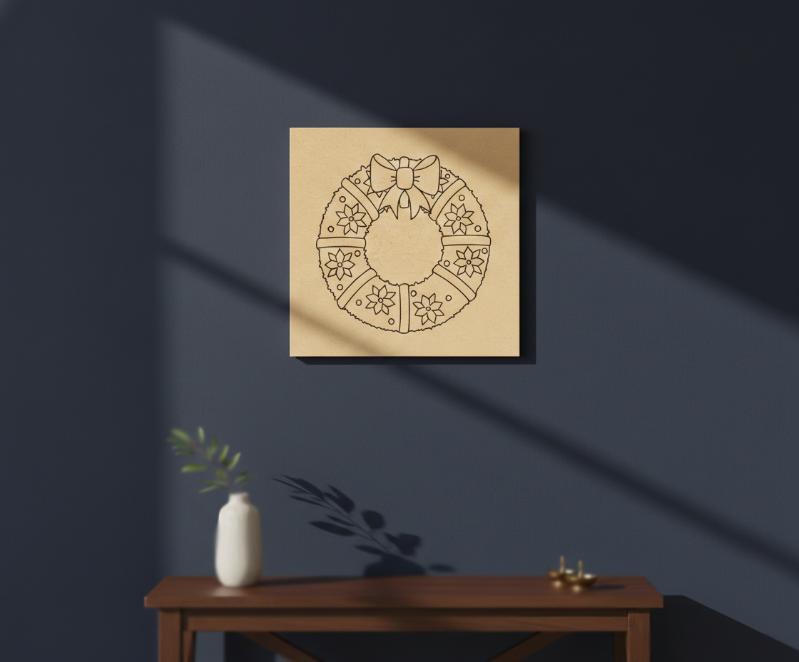 MDF Festival Canvas DIY Floral Wreath Painting Board with bow and flower design, mounted on wall