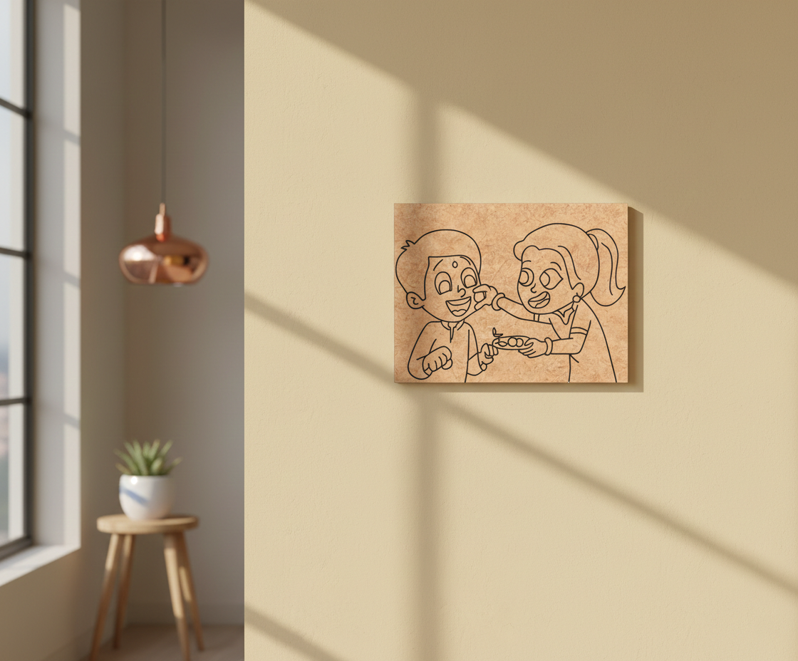 MDF Festival Canvas DIY Raksha Bandhan Painting Board showing brother sister illustration for kids craft and festive art project, mounted on wall