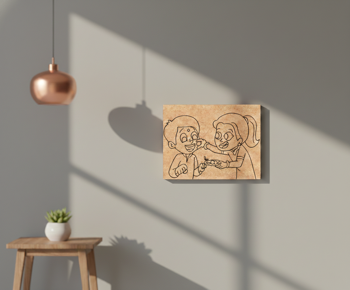 MDF Festival Canvas DIY Raksha Bandhan Painting Board showing brother sister illustration for kids craft and festive art project, mounted on wall